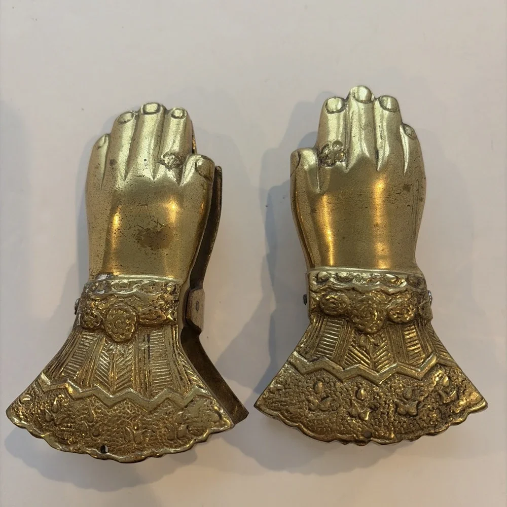 Vintage Brass Hand Shaped Spring Clips Pair Ruffled Cuff Design